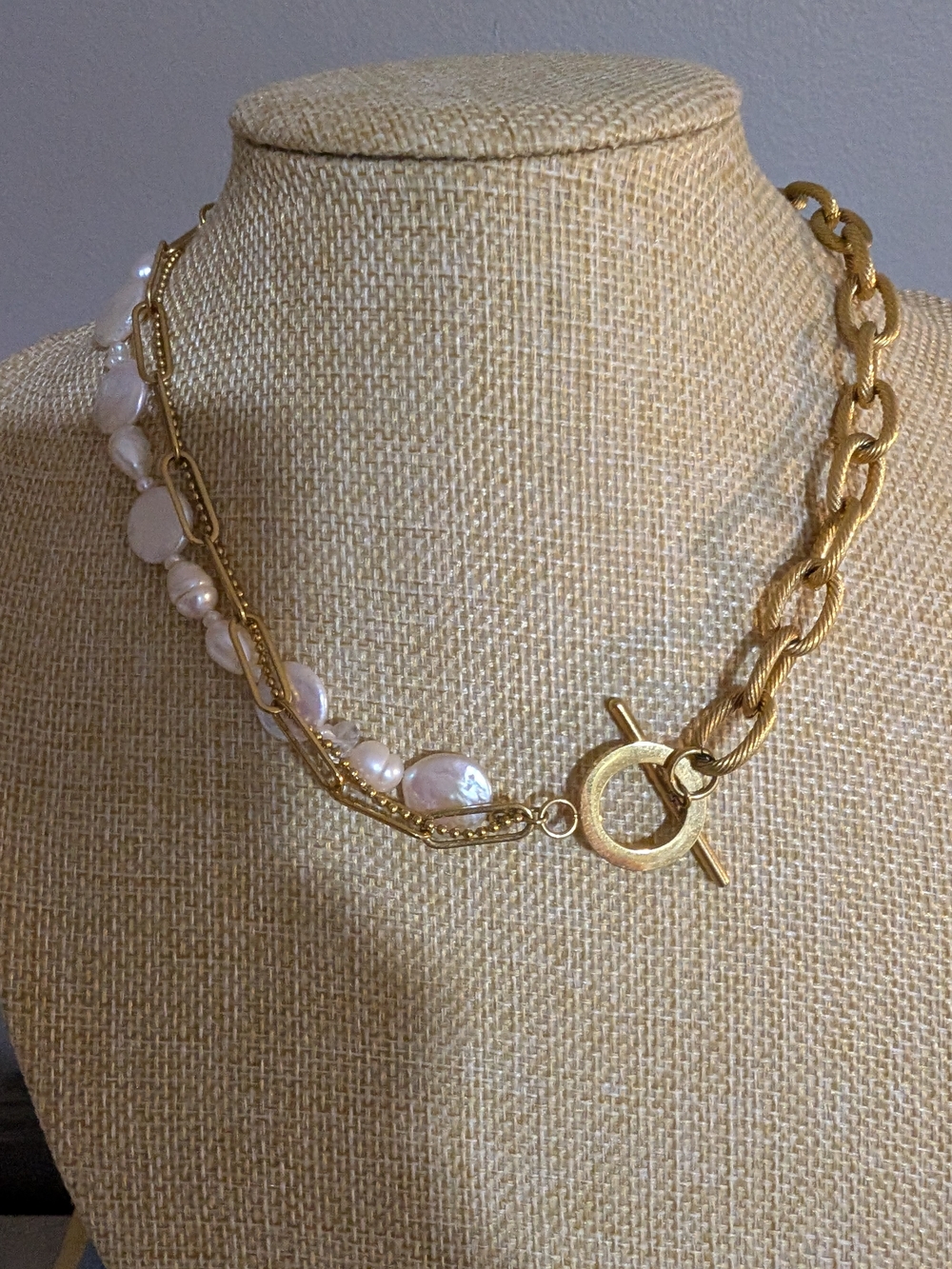 Gold Chain and Pearl Toggle Necklace - Women Jewelry